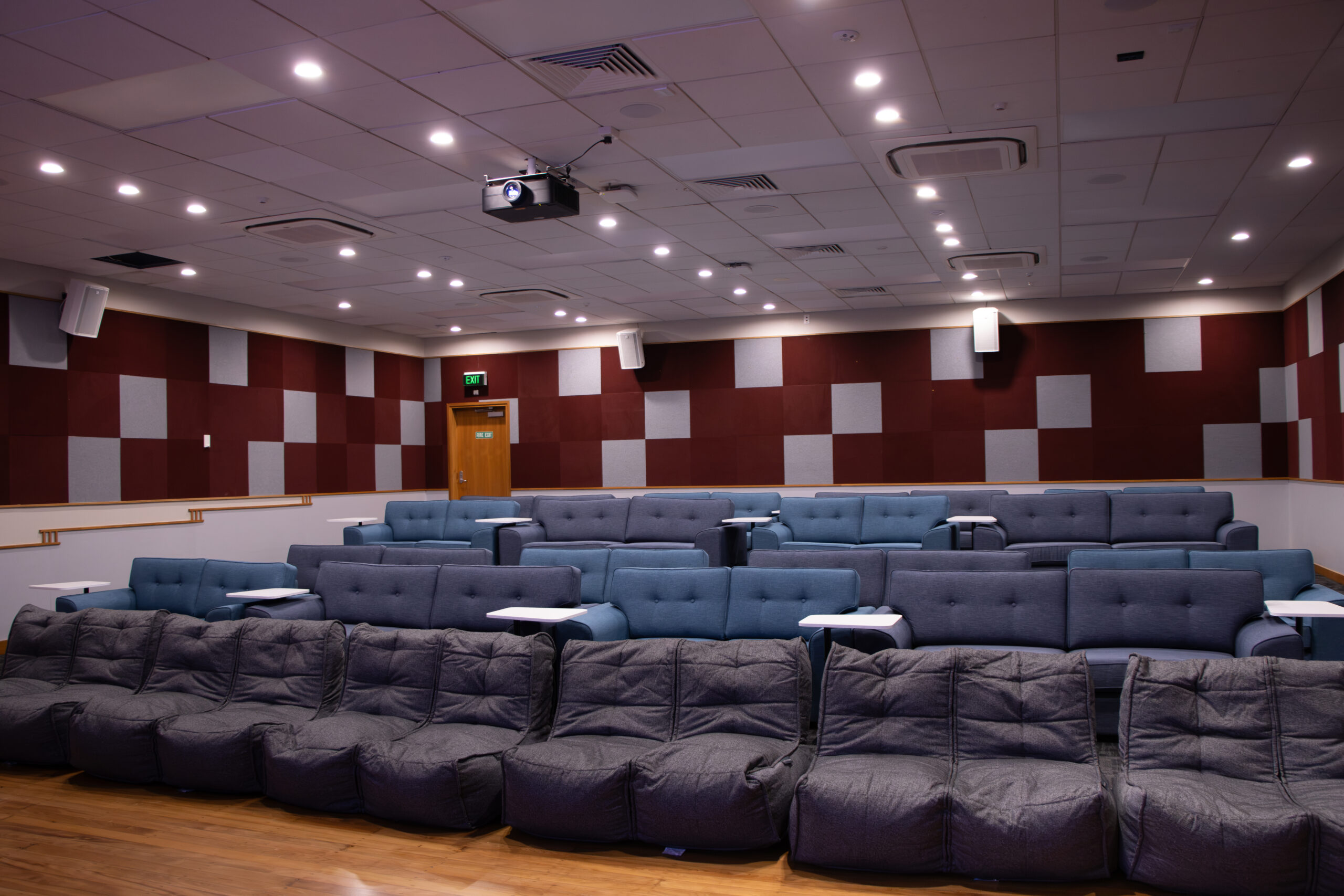 Cinema-style seating with tiered bean bag and sofa rows facing a large projector screen wall, acoustic panels, and ceiling-mounted projector.